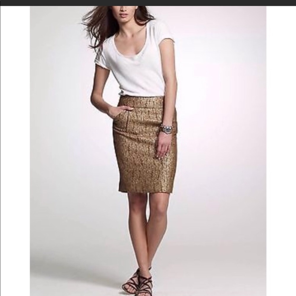 🌺J.Crew Gold Metallic Pencil Skirt Silk/ Wool🌺